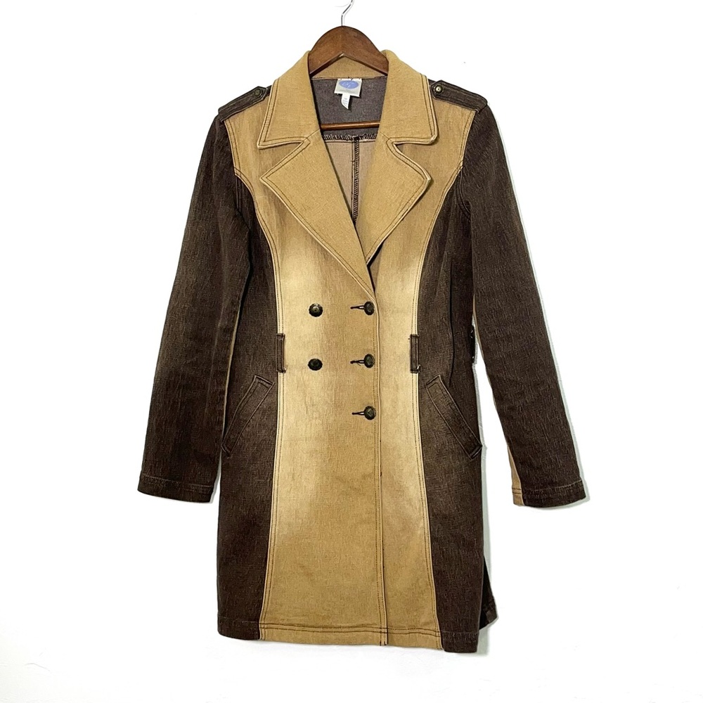 Vintage 90s Two Tone Denim Trench Coat Colorblock Boho Indie Longline Jacket